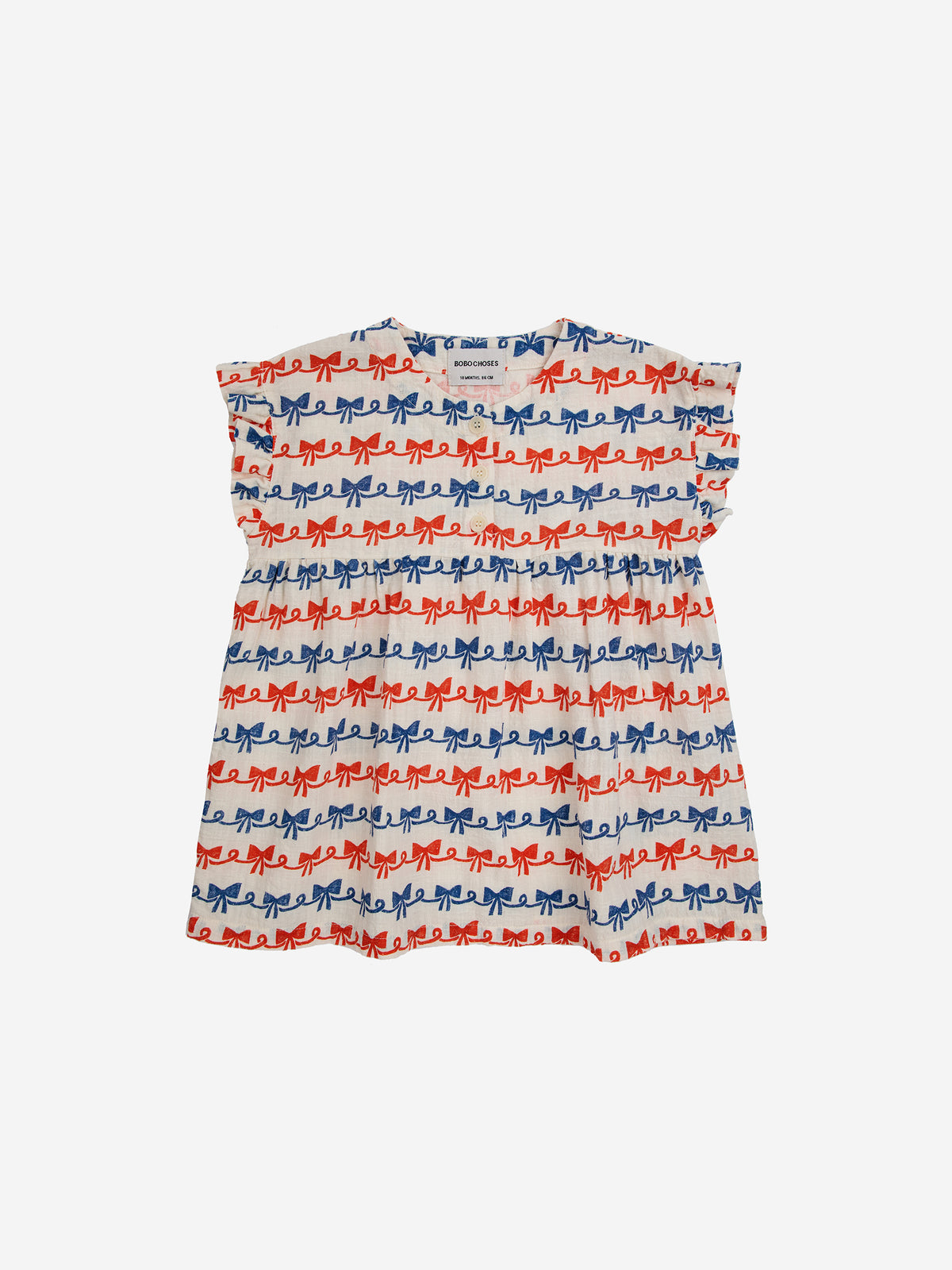 Bobo Choses BABY - Baby Ribbon Bow all over woven dress — front view flat lay