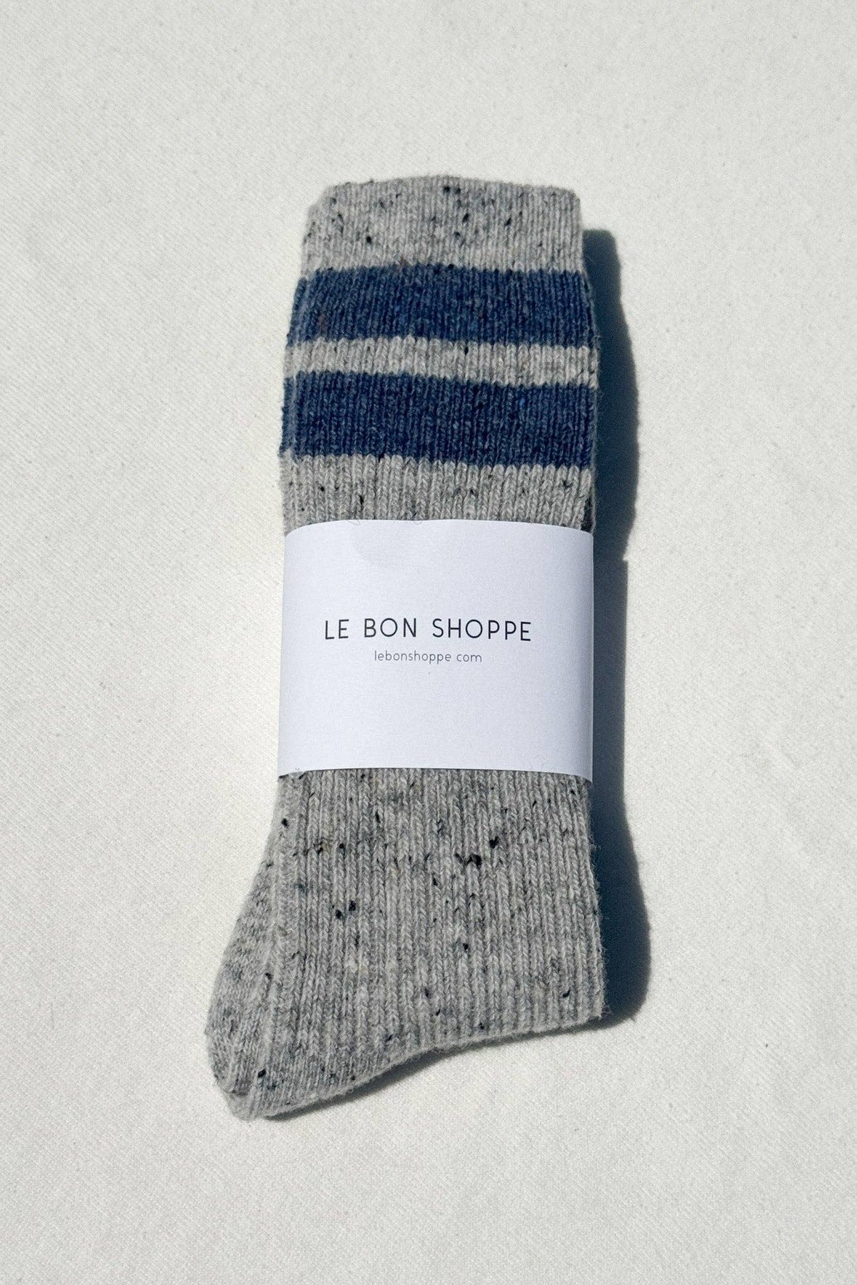 Le Bon Shoppe Snow Varsity Socks in Grey/Blue, speckled wool-blend calf sock