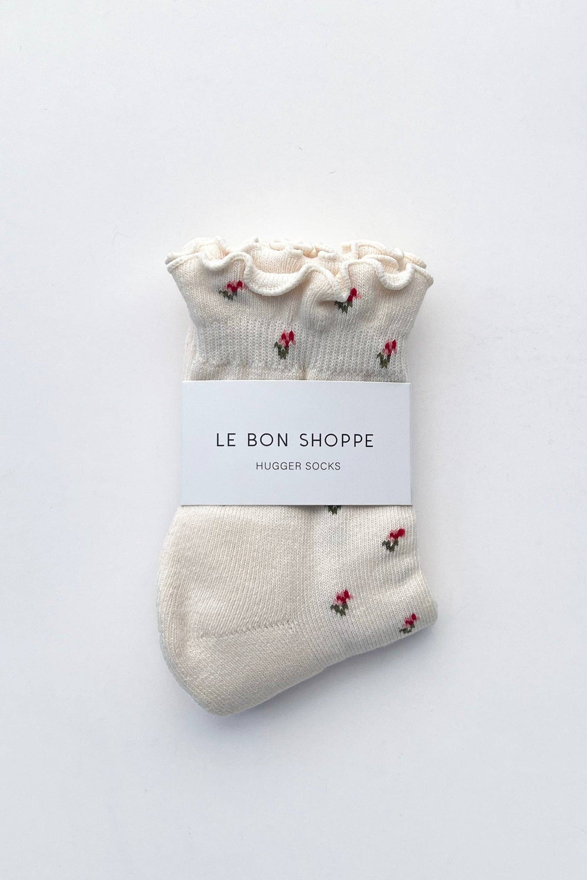 Le Bon Shoppe Petal Ruffled Hugger Crew Socks in Cream Petal, ruffled ankle crew sock with silicone grip sole