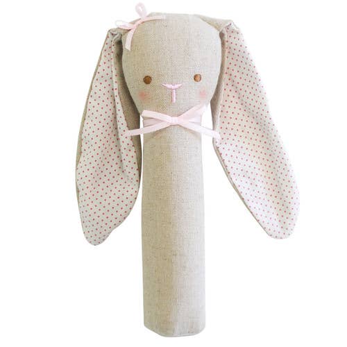 Alimrose - Bunny Rattle & Squeaker Linen - Pink — front view flat lay