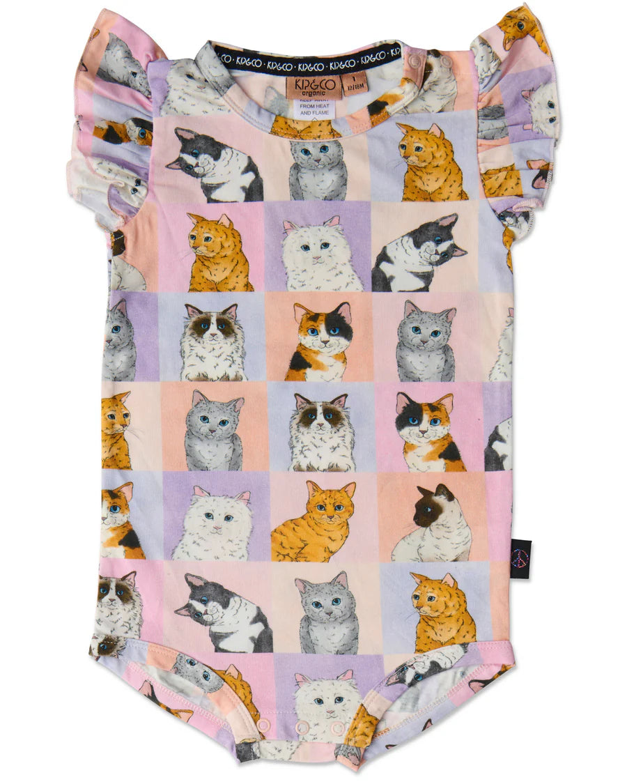 Kip and Co Kitty Cat Organic Short Sleeve Frill Romper - product flatlay