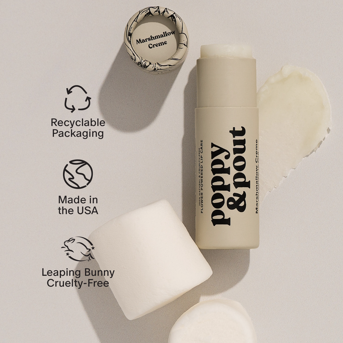 Poppy and Pout Marshmallow Creme lip balm - open cap detail