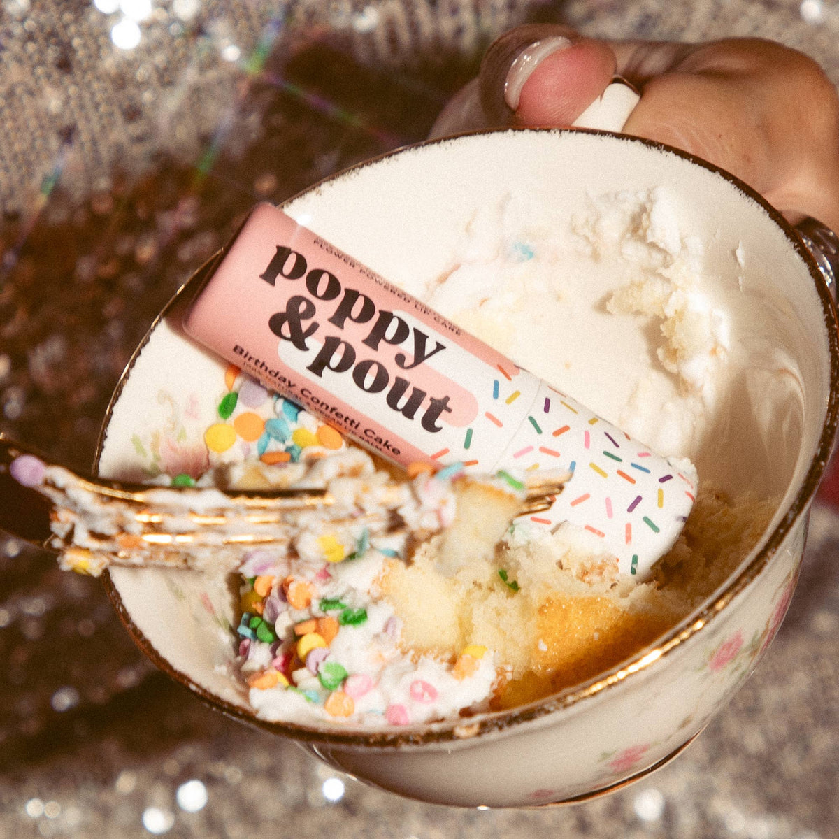 Poppy and Pout Birthday Confetti Cake lip balm - open cap detail