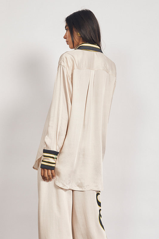 Bohemian Traders - Tide Long Sleeve Satin Shirt - Ecru — styled lifestyle shot