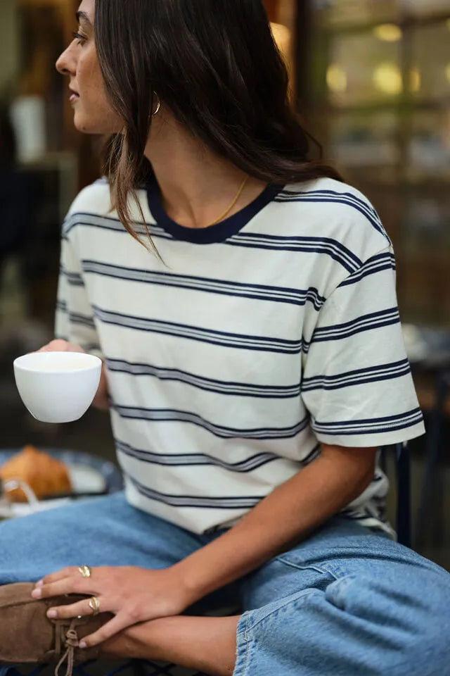 Ceres Life - Stevie Slouchy Tee in Milk/Heritage Navy Stripe — front view flat lay