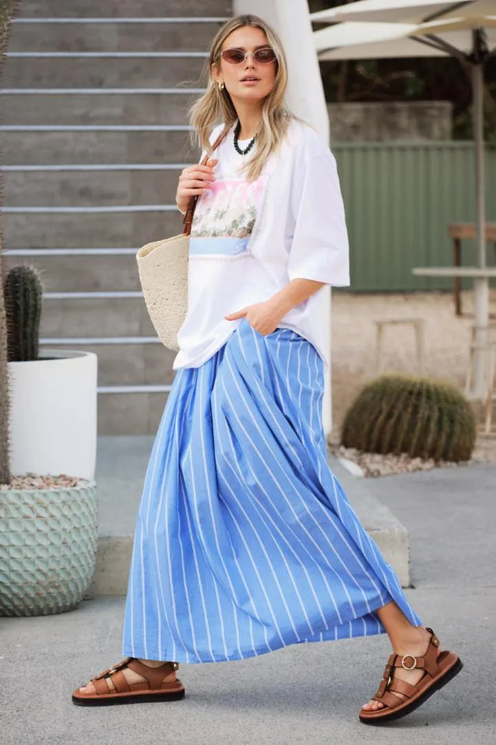 Ceres Life - Florence Maxi Skirt in Oxford Blue White Stripe — front view flat lay