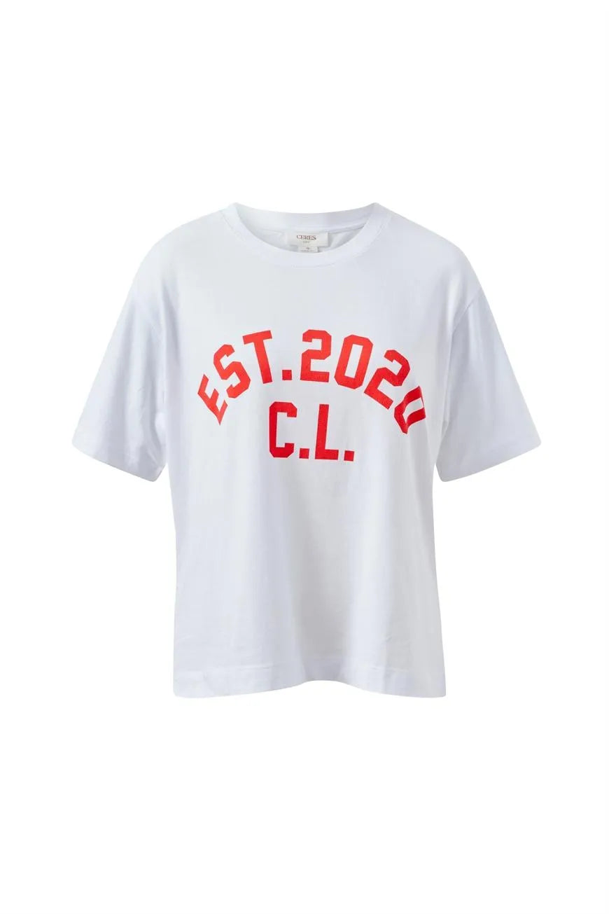Ceres Life - Stevie Slouchy Tee in White/Chilli Est 2020 — product detail shot