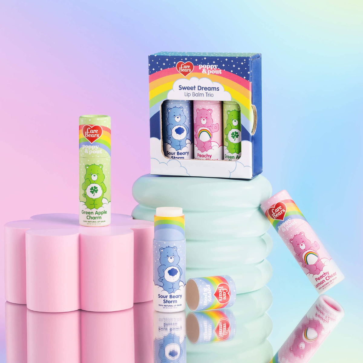 Poppy and Pout Care Bears lip balm trio - open box view