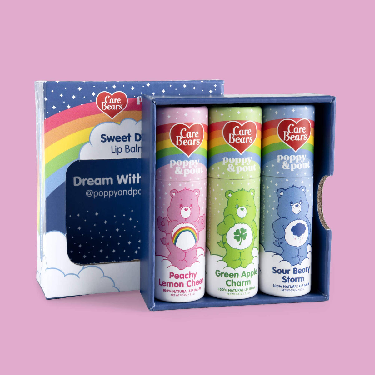 Poppy and Pout Care Bears limited edition trio - styled flat lay
