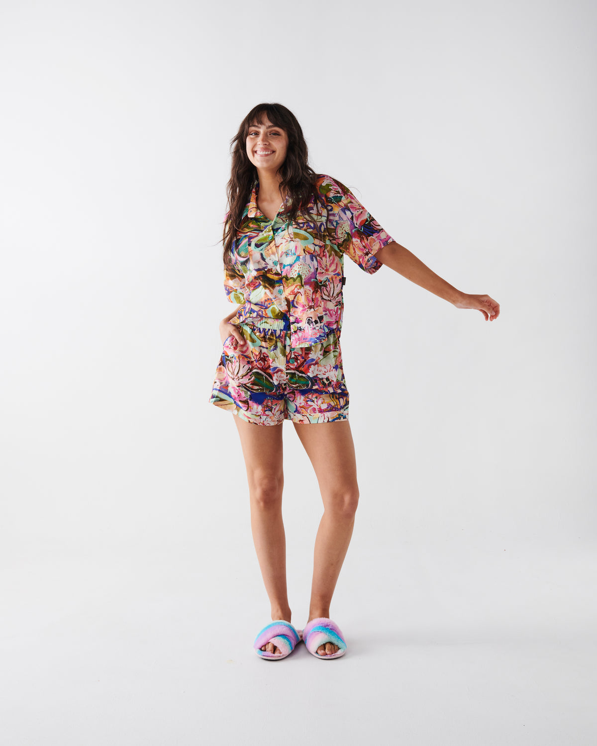 Kip and Co x Kezz Brett Waterlily Waterway Cotton Shorts Ladies Pyjama Set - product flatlay