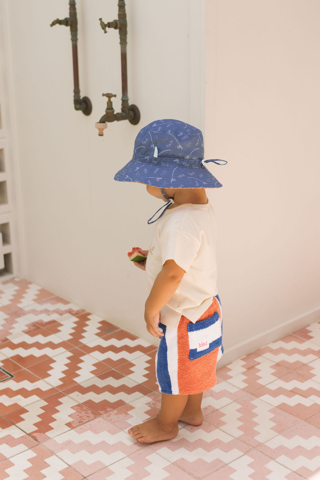 Acorn Gone Fishing Wide Brim Bucket Hat - back view on model