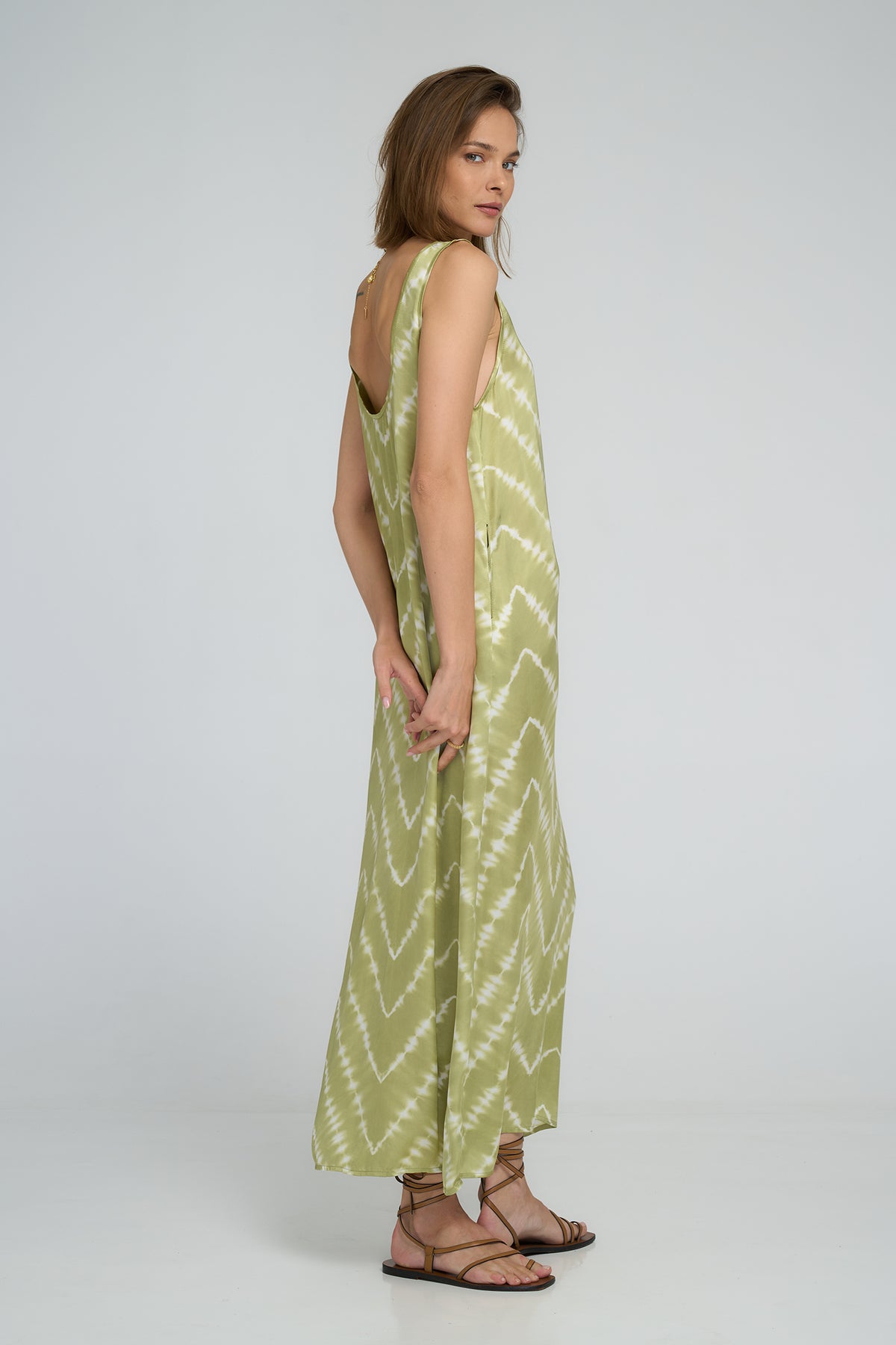Lilya Safran Maxi Dress Celestial Tie Dye green apple - model front view