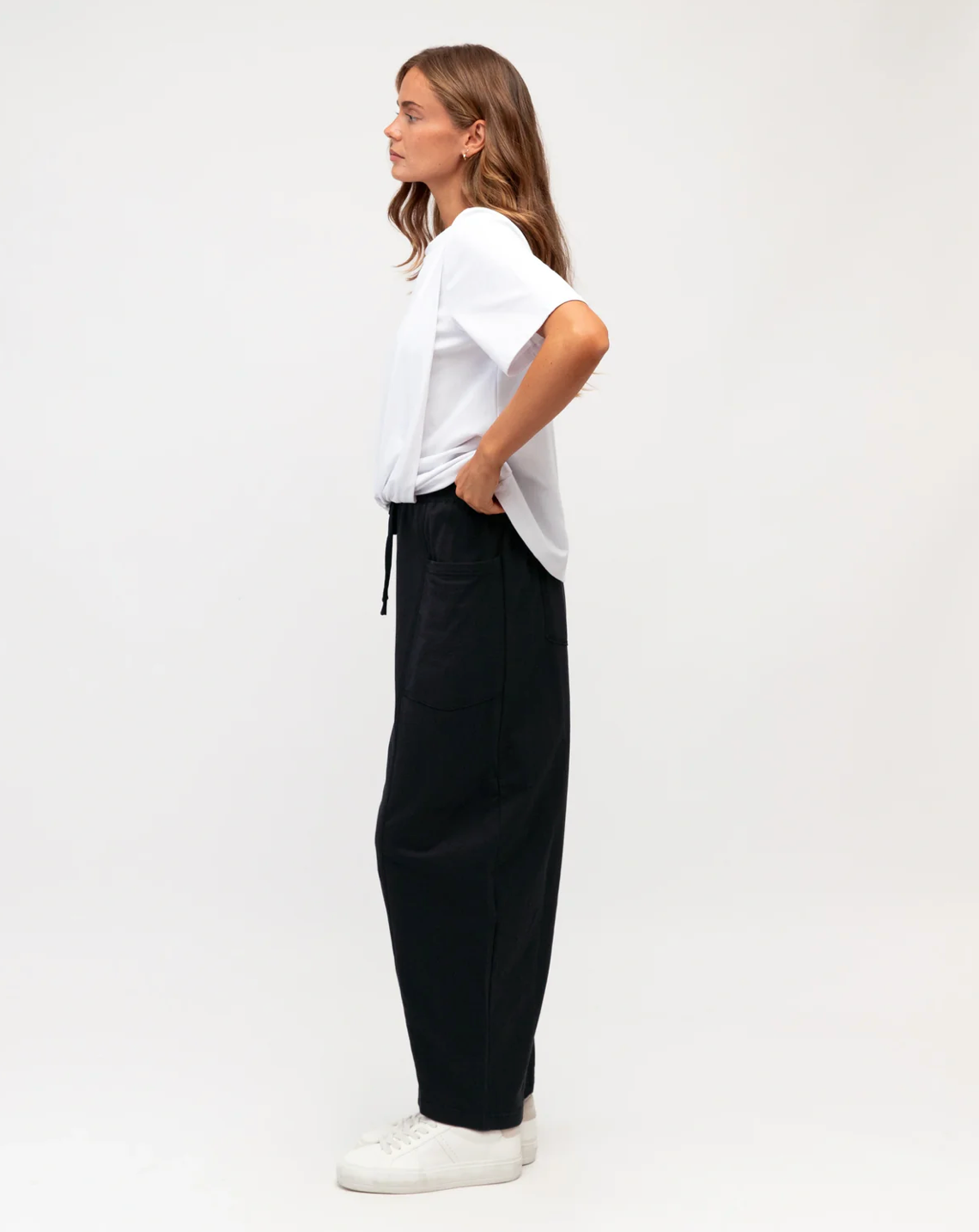 Label of Love - Barrel Leg Trackpant in Navy — styled lifestyle shot