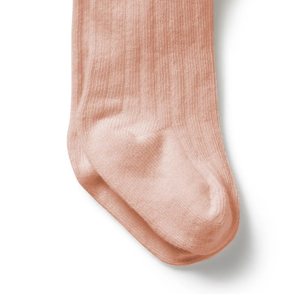 Wilson and Frenchy Pink Organic Ribbed Tights - baby wearing tights