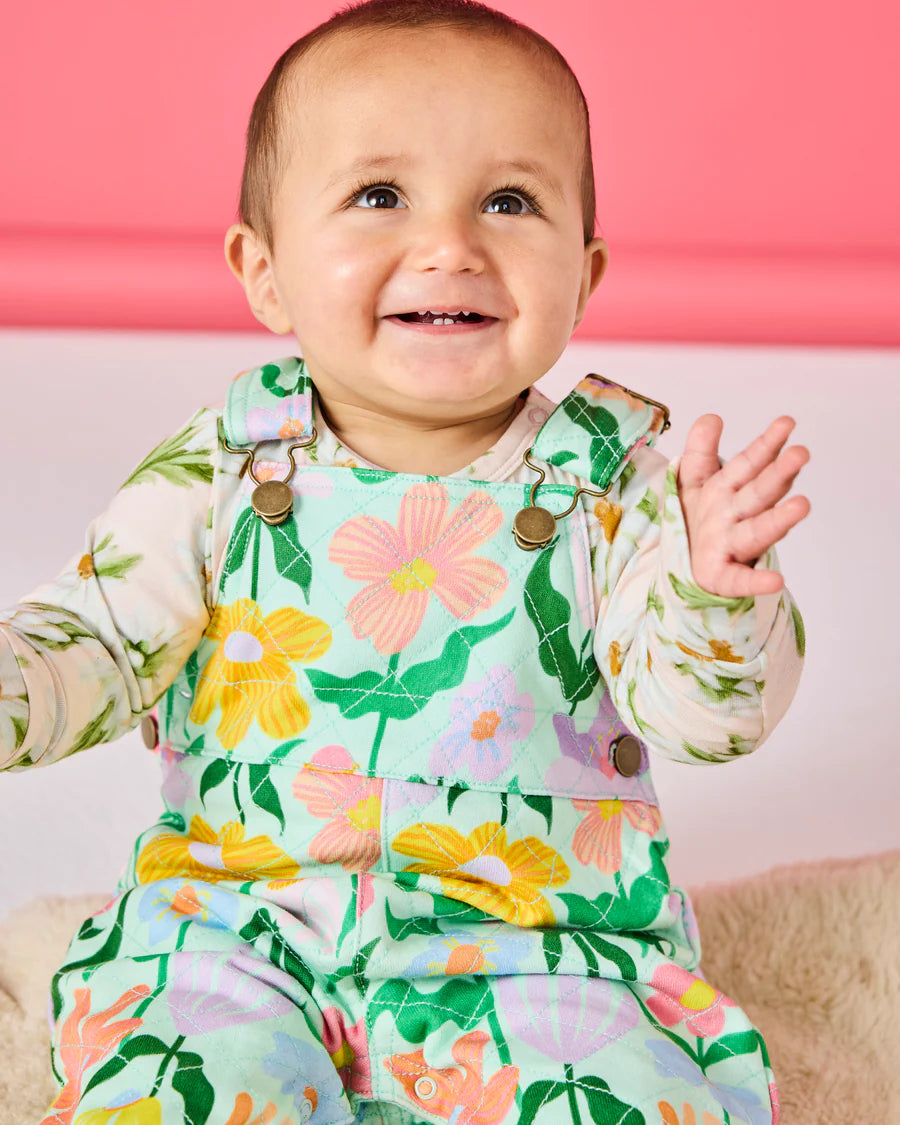 Kip and Co Popping Flowers quilted overalls - baby wearing lifestyle