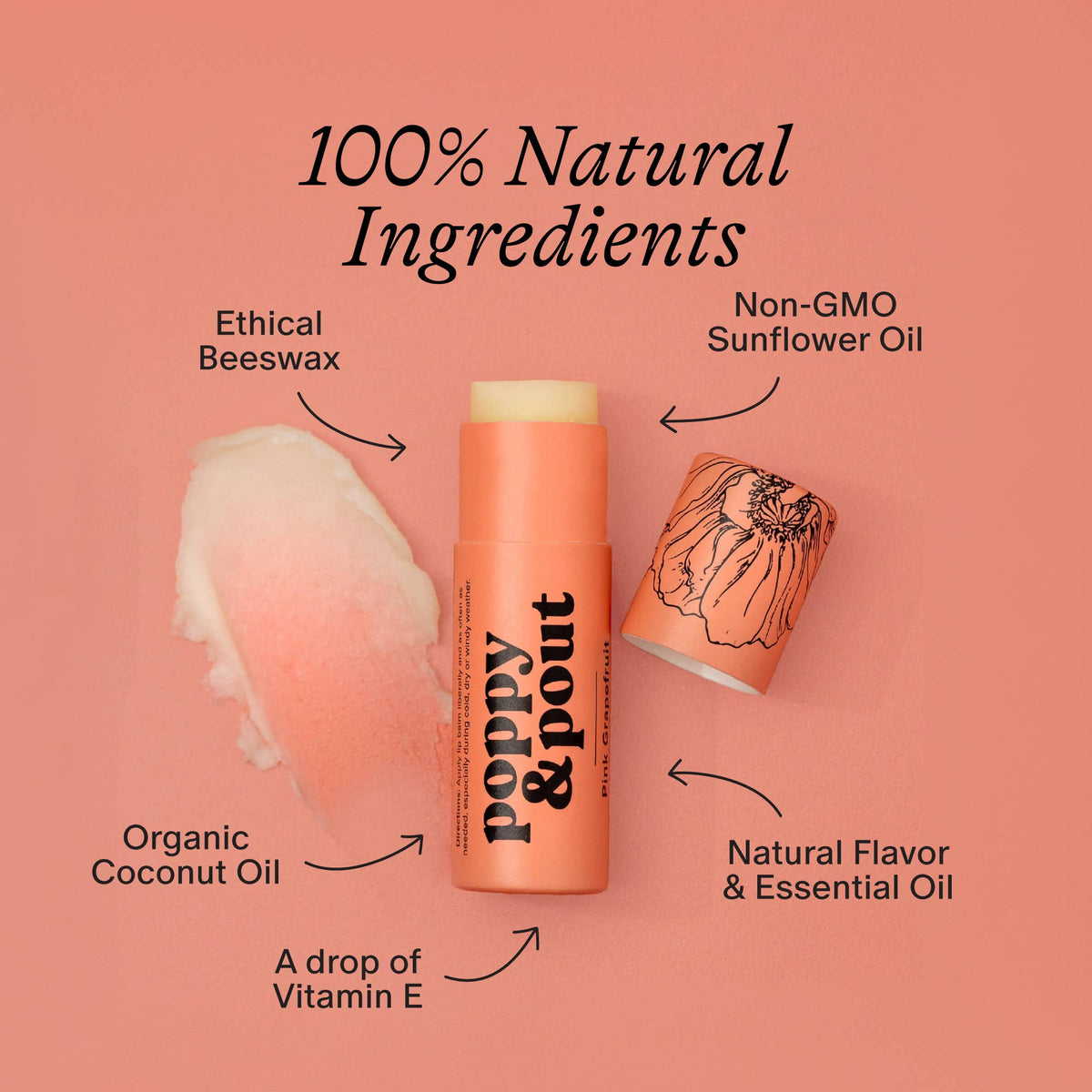 Poppy and Pout Pink Grapefruit lip balm - label detail