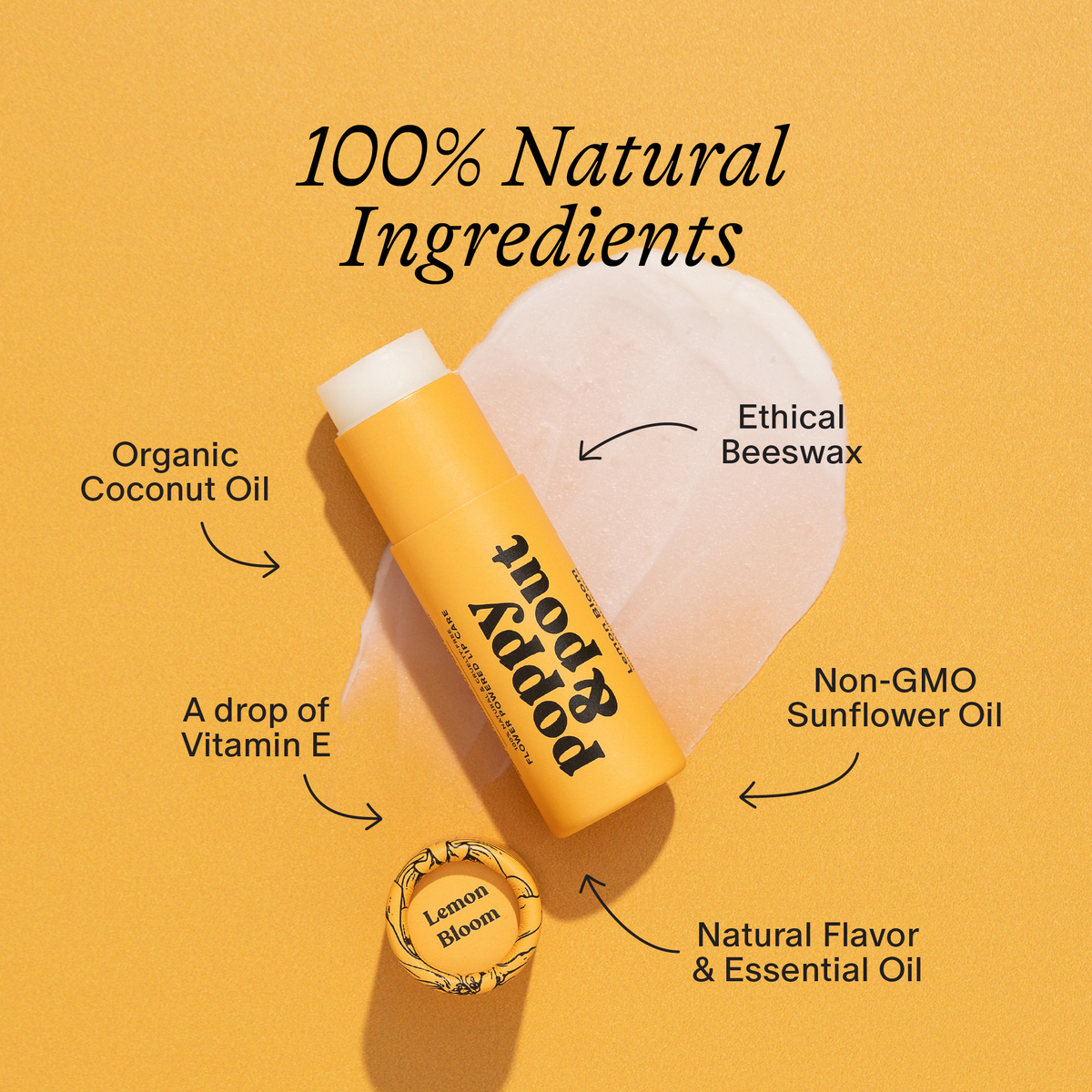 Poppy and Pout Lemon Bloom lip balm - label detail