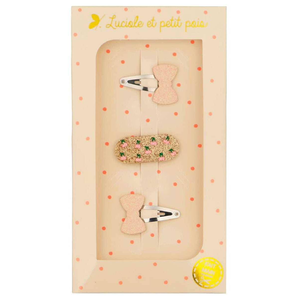 Luciole et Petit Pois - Gift box - Pink & pink cherry mini bow hair clips — front view flat lay