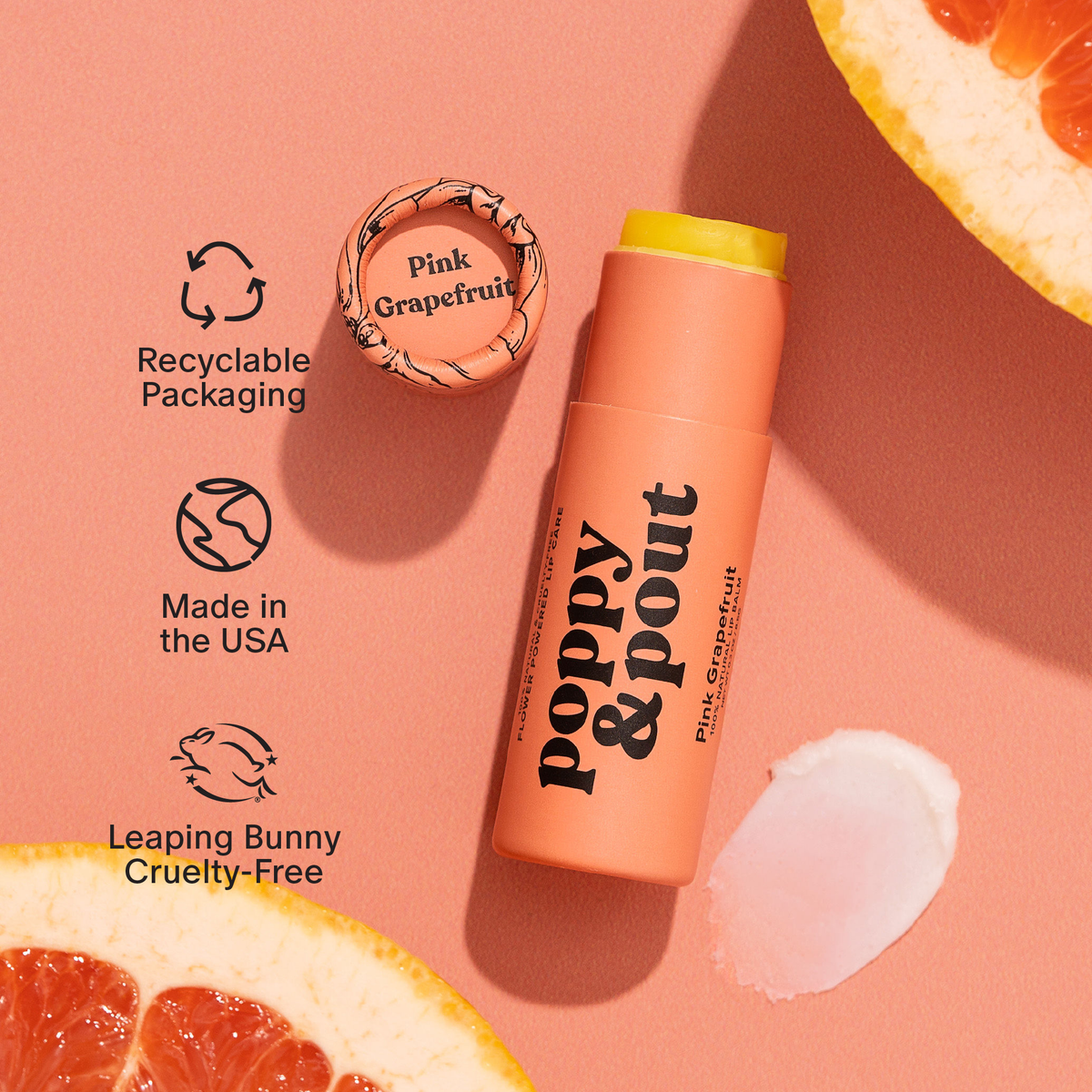 Poppy and Pout Pink Grapefruit lip balm - lifestyle styled