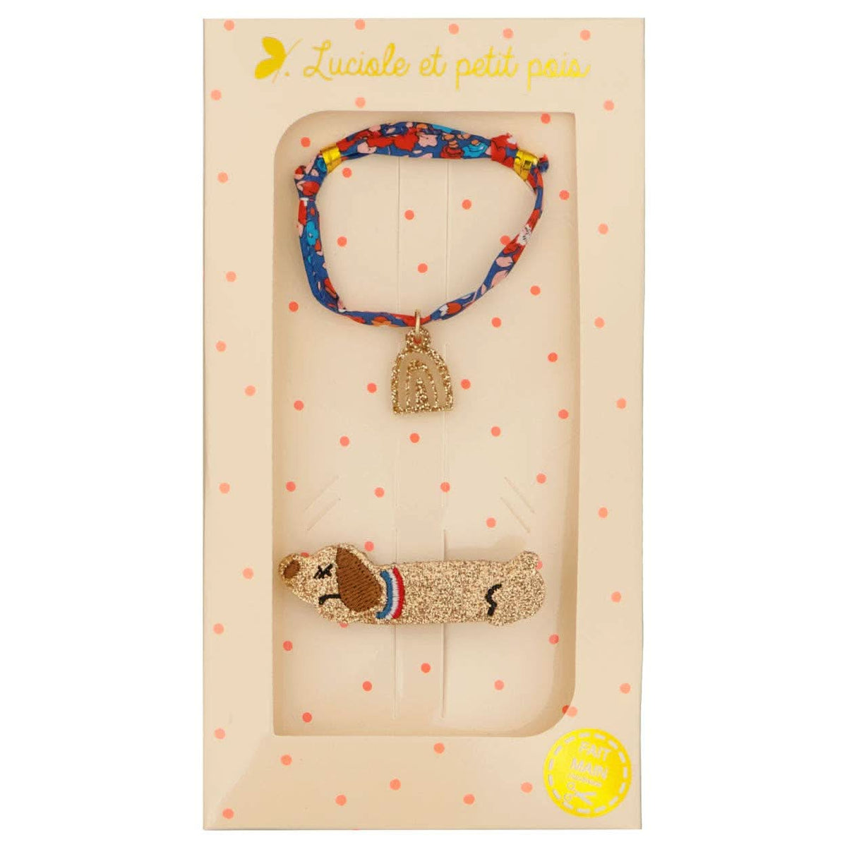 Luciole et Petit Pois - Gift box - Dachshund hair clip & Scarlet bracelet — front view flat lay