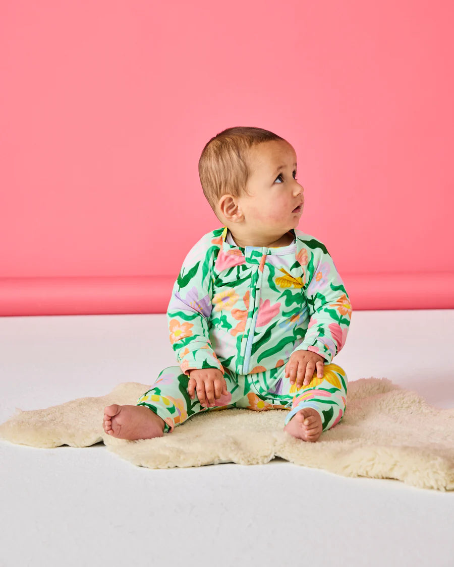 Kip and Co Popping Flowers Organic Long Sleeve Zip Romper - product flatlay