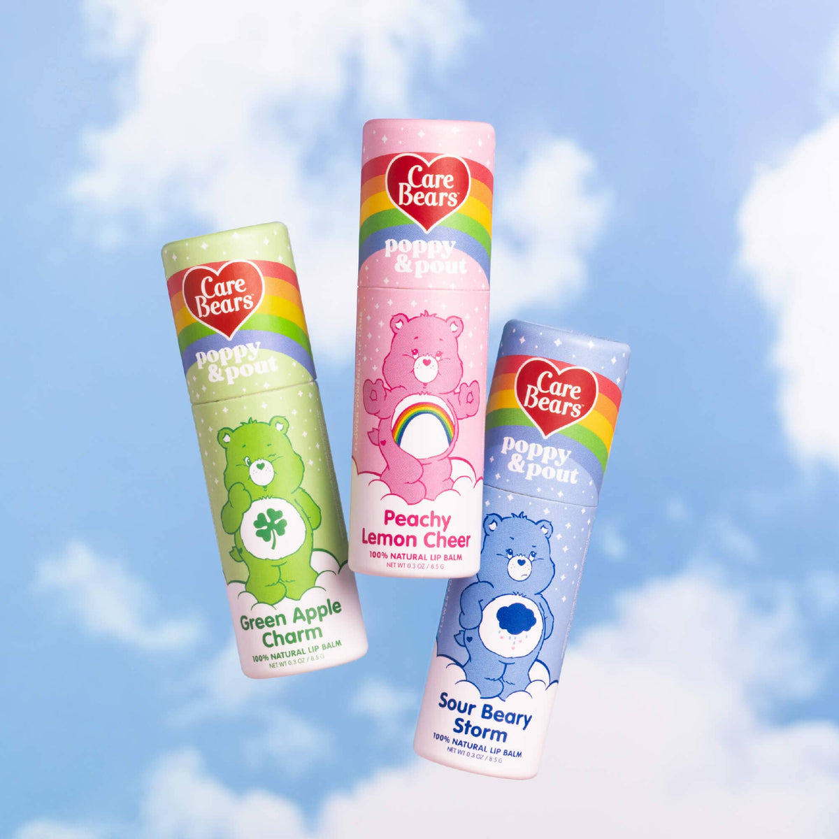 Poppy and Pout Care Bears lip balm trio - three tubes styled