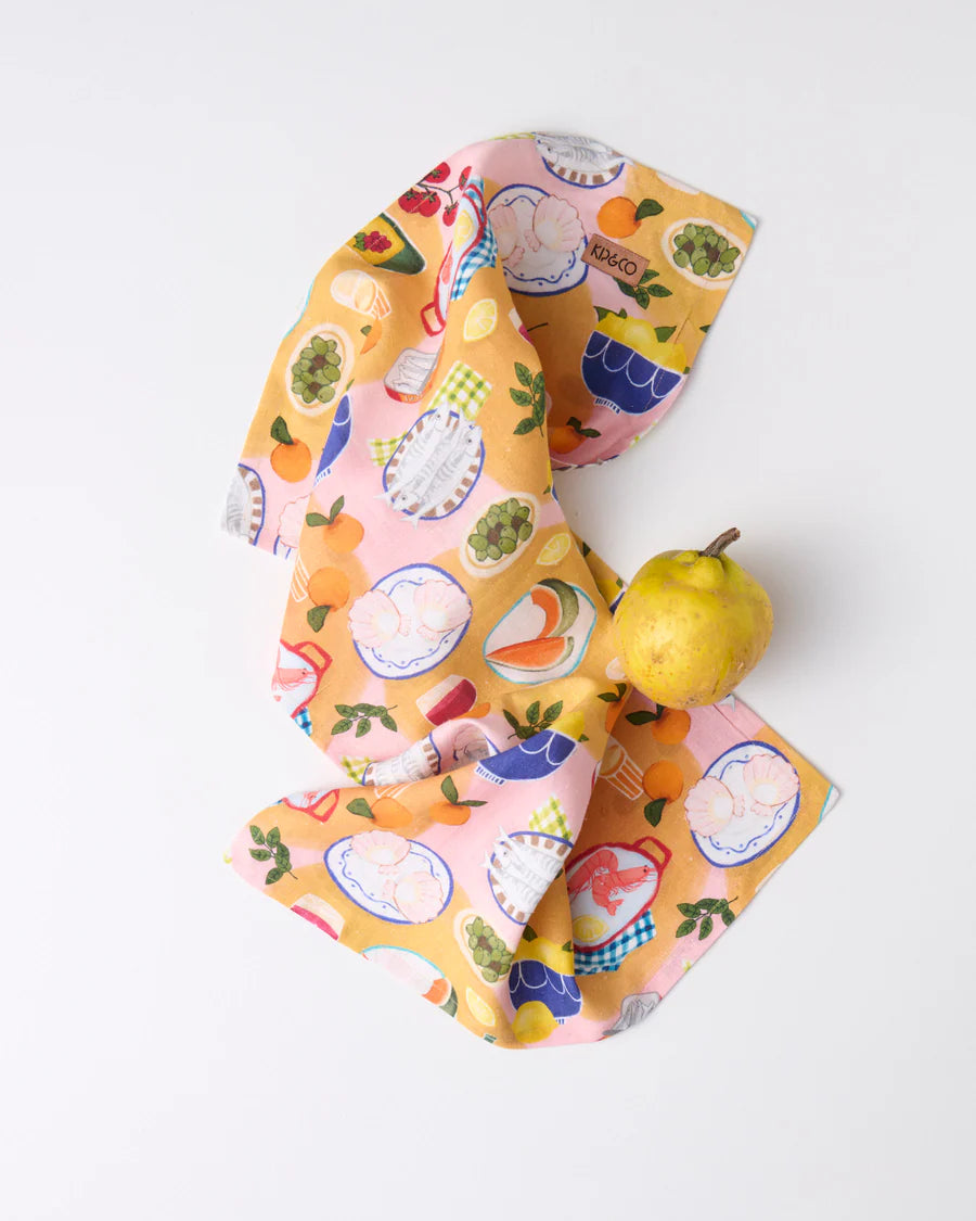 Kip and Co Supper linen tea towel - styled hanging in kitchen