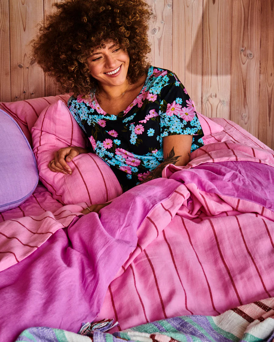 Kip and Co Periwinkle jersey pyjamas - model wearing lifestyle