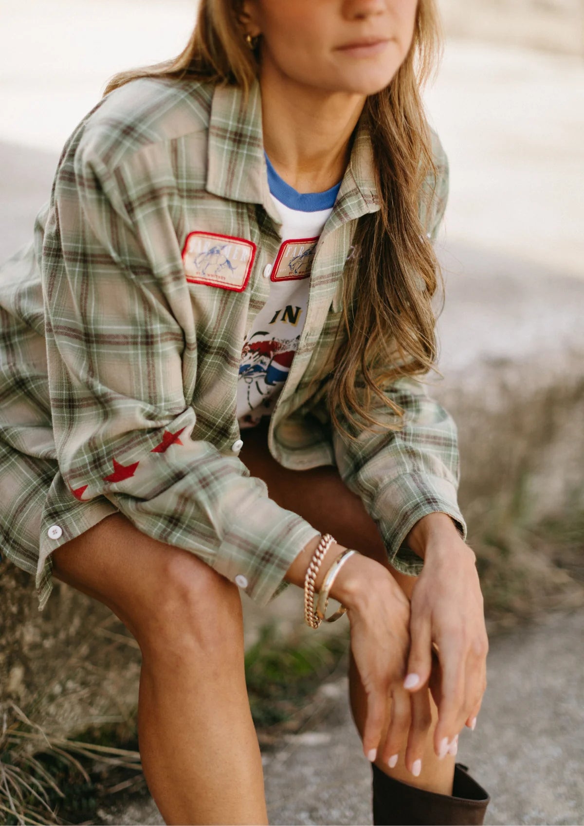 FAR MER by Whitney Military Check Boyfriend Button Up shirt, view 3