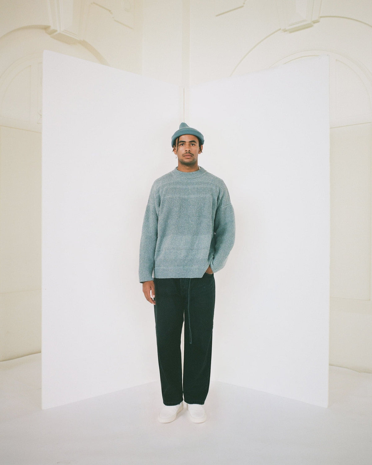 James Street Co - ADULT Port Beanie - River — styled lifestyle shot