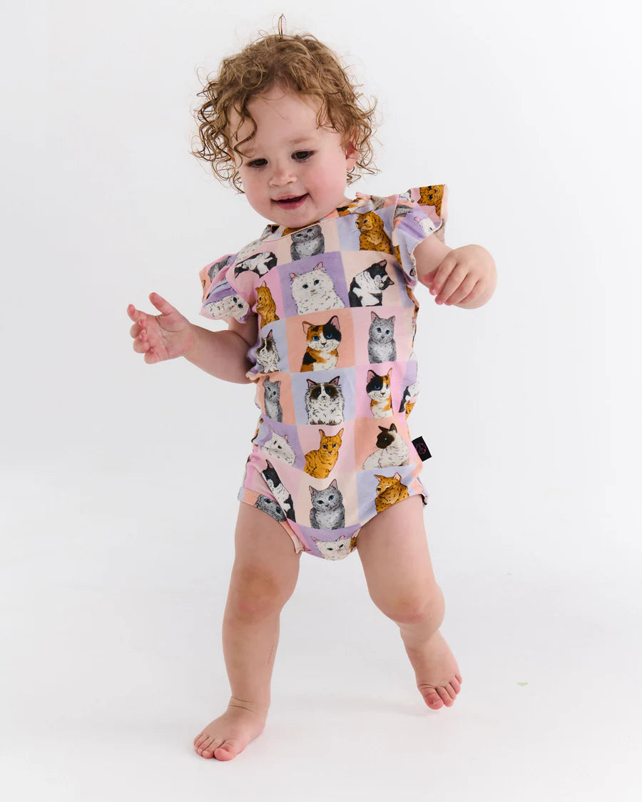 Kip and Co Kitty Cat frill romper - baby wearing lifestyle