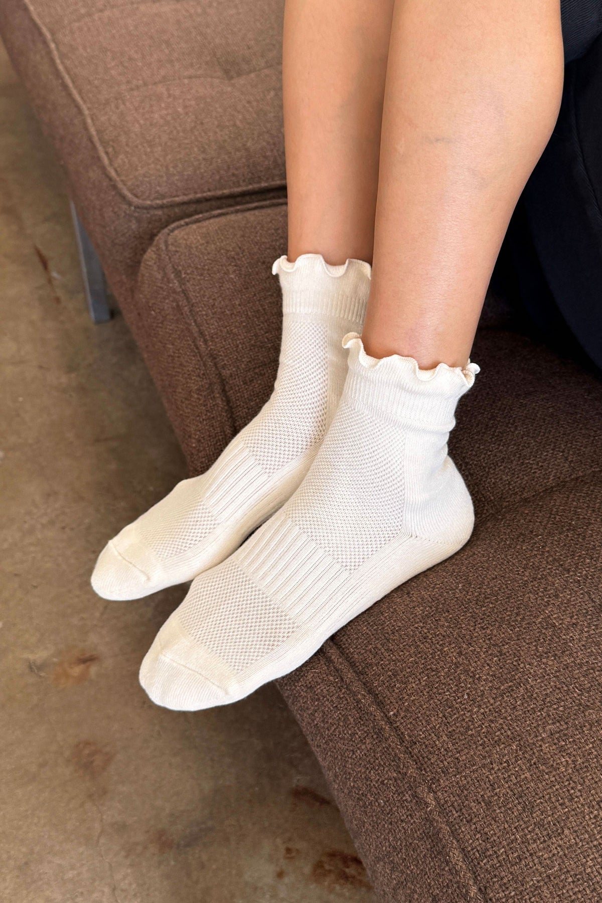 Le Bon Shoppe Vanilla Ruffled Hugger Crew Socks - model on feet
