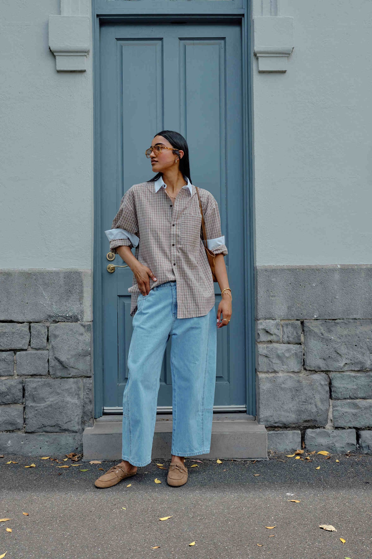 Ceres Life Peta Oversized Shirt in Toffee Check — drop shoulder and chest pocket detail