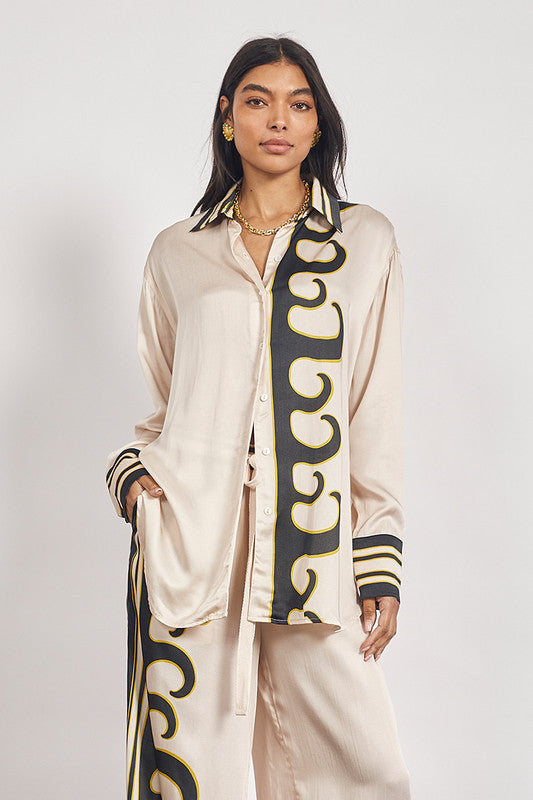 Bohemian Traders - Tide Long Sleeve Satin Shirt - Ecru — front view flat lay