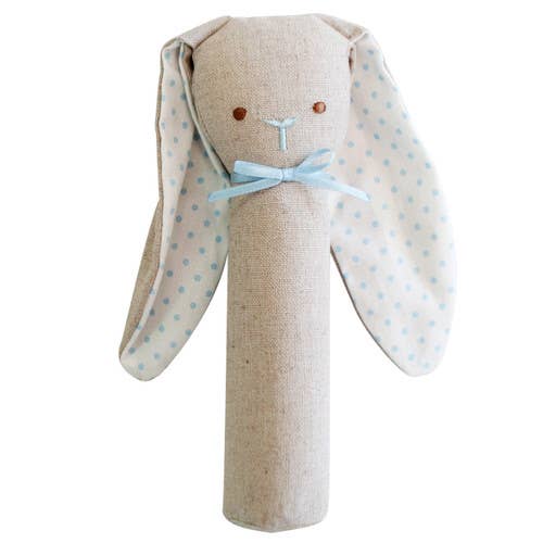 Alimrose - Bunny Rattle & Squeaker Linen - Blue — front view flat lay