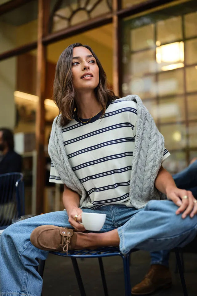 Ceres Life - Stevie Slouchy Tee in Milk/Heritage Navy Stripe — styled lifestyle shot