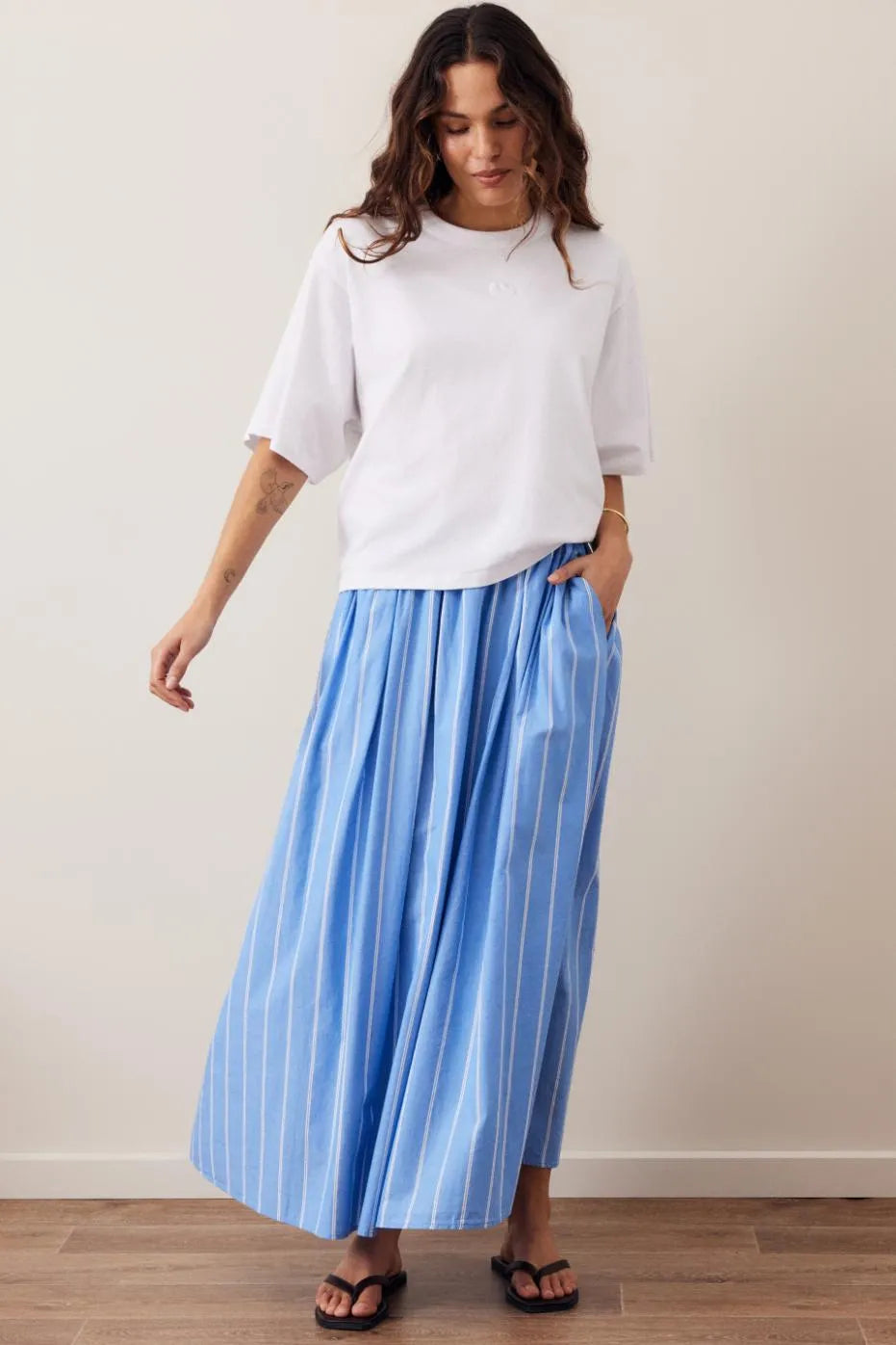 Ceres Life - Florence Maxi Skirt in Oxford Blue White Stripe — side view