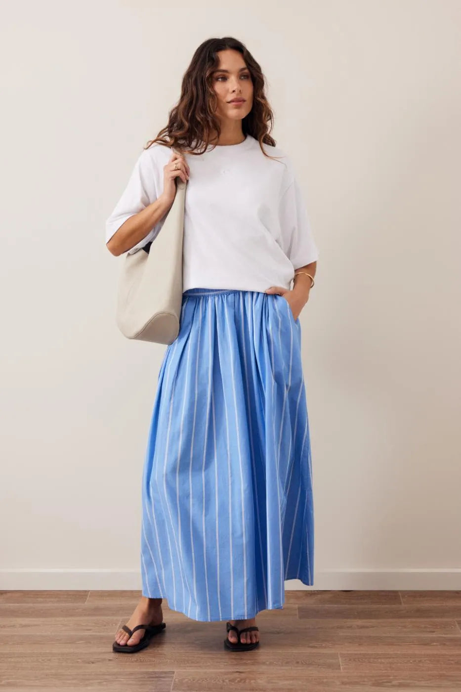Ceres Life - Florence Maxi Skirt in Oxford Blue White Stripe — back view flat lay