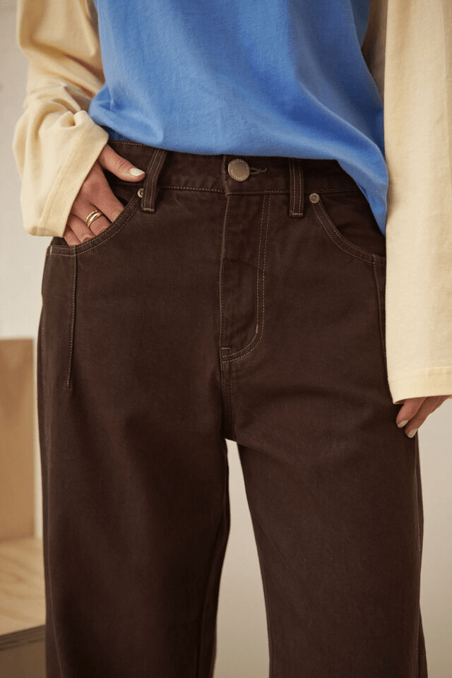 Ceres Life - Demi Barrel Jean in Bitter Choc — back view flat lay