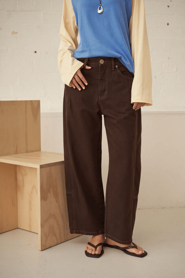 Ceres Life - Demi Barrel Jean in Bitter Choc — front view flat lay