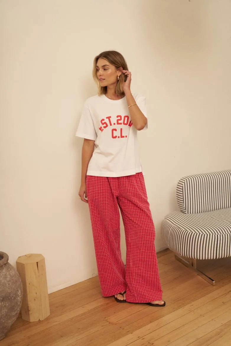 Ceres Life - Stevie Slouchy Tee in White/Chilli Est 2020 — back view flat lay