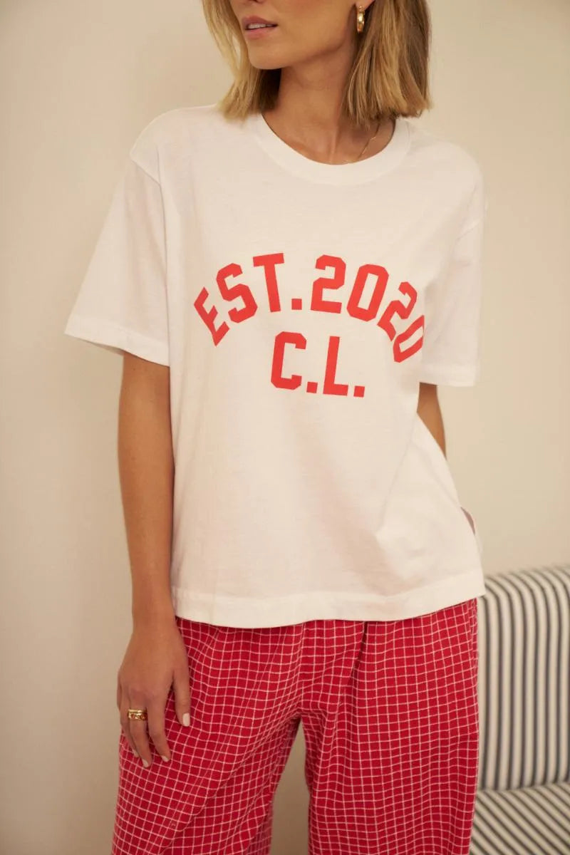 Ceres Life - Stevie Slouchy Tee in White/Chilli Est 2020 — close-up detail