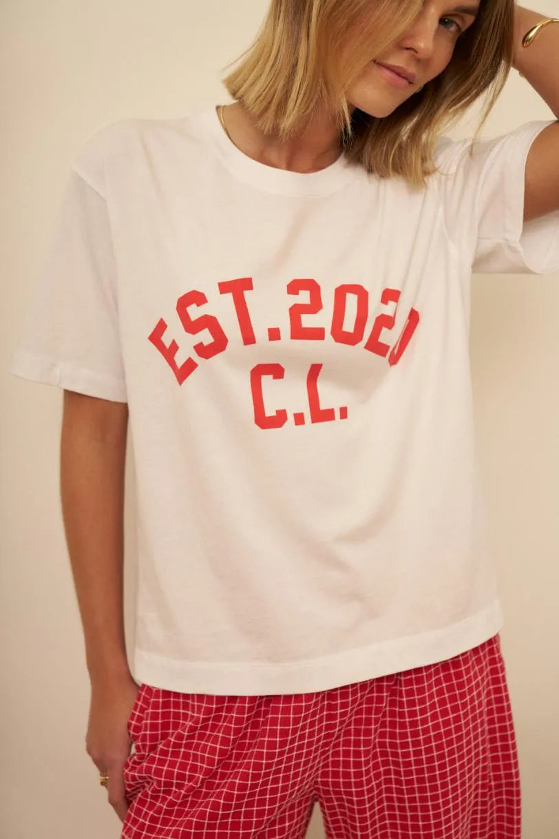 Ceres Life - Stevie Slouchy Tee in White/Chilli Est 2020 — styled lifestyle shot