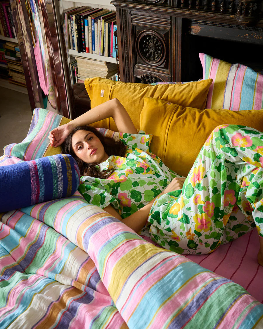 Kip and Co Nasturtium pyjamas - model relaxed lifestyle