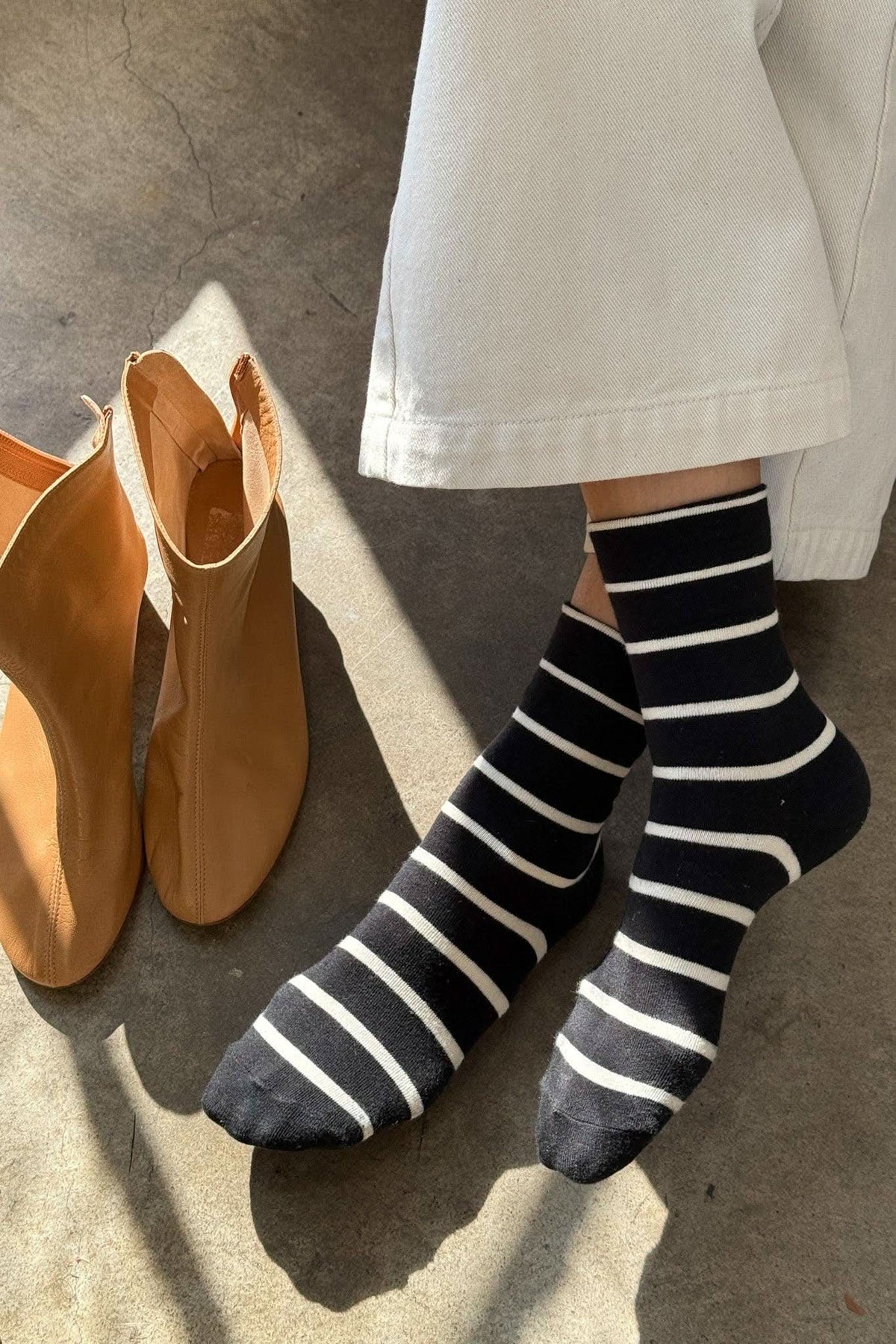 Le Bon Shoppe Wally Black Stripe socks - model on feet