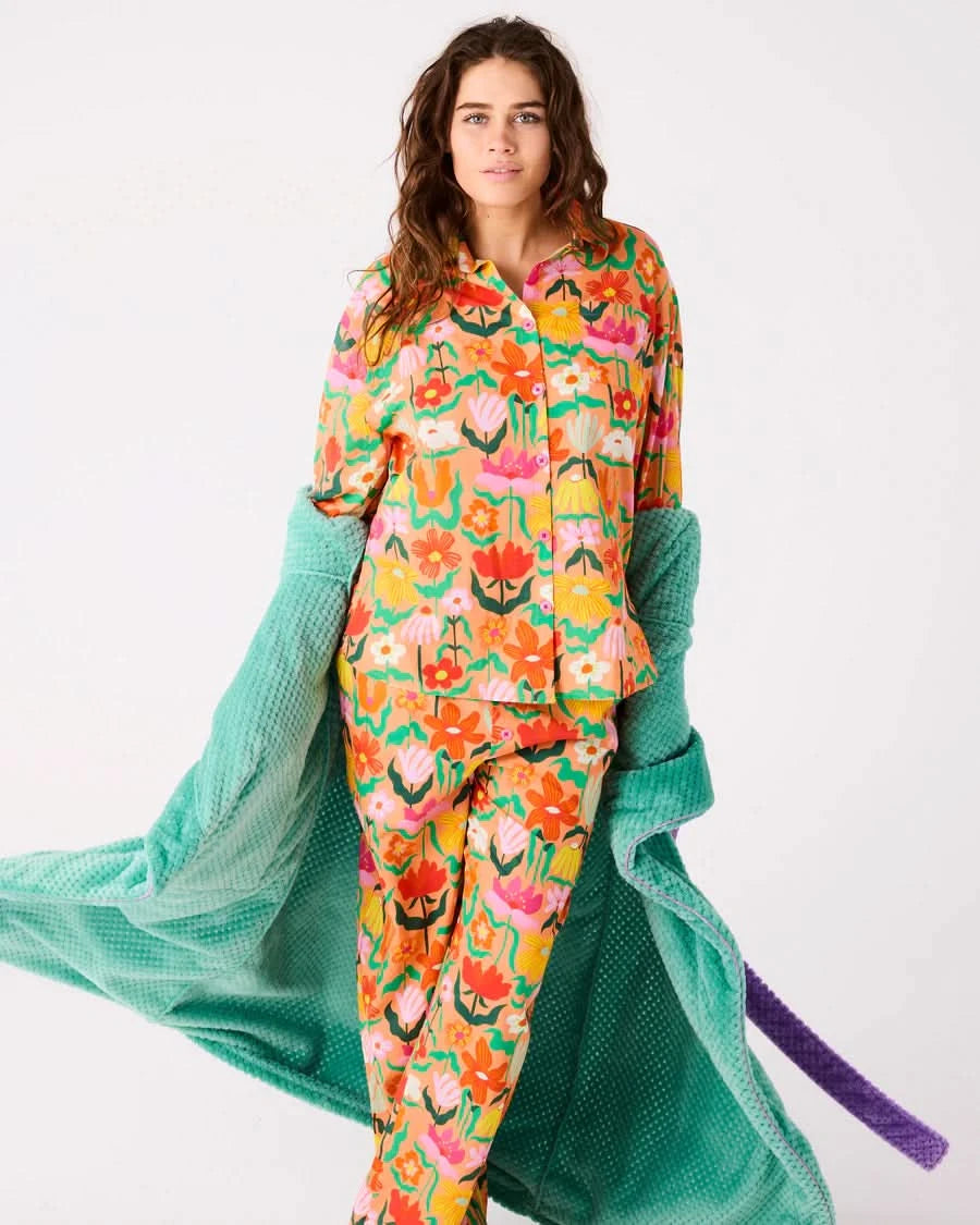 Kip and Co Popping Flowers Peach organic PJ set - floral print detail