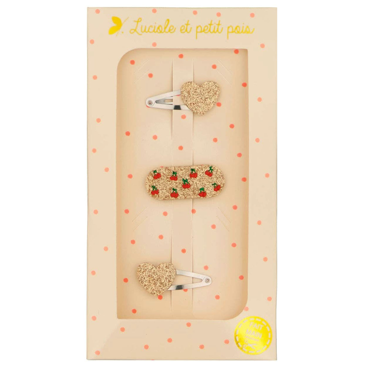 Luciole et Petit Pois - Gift box - Mini gold & red cherry heart hair clips — front view flat lay