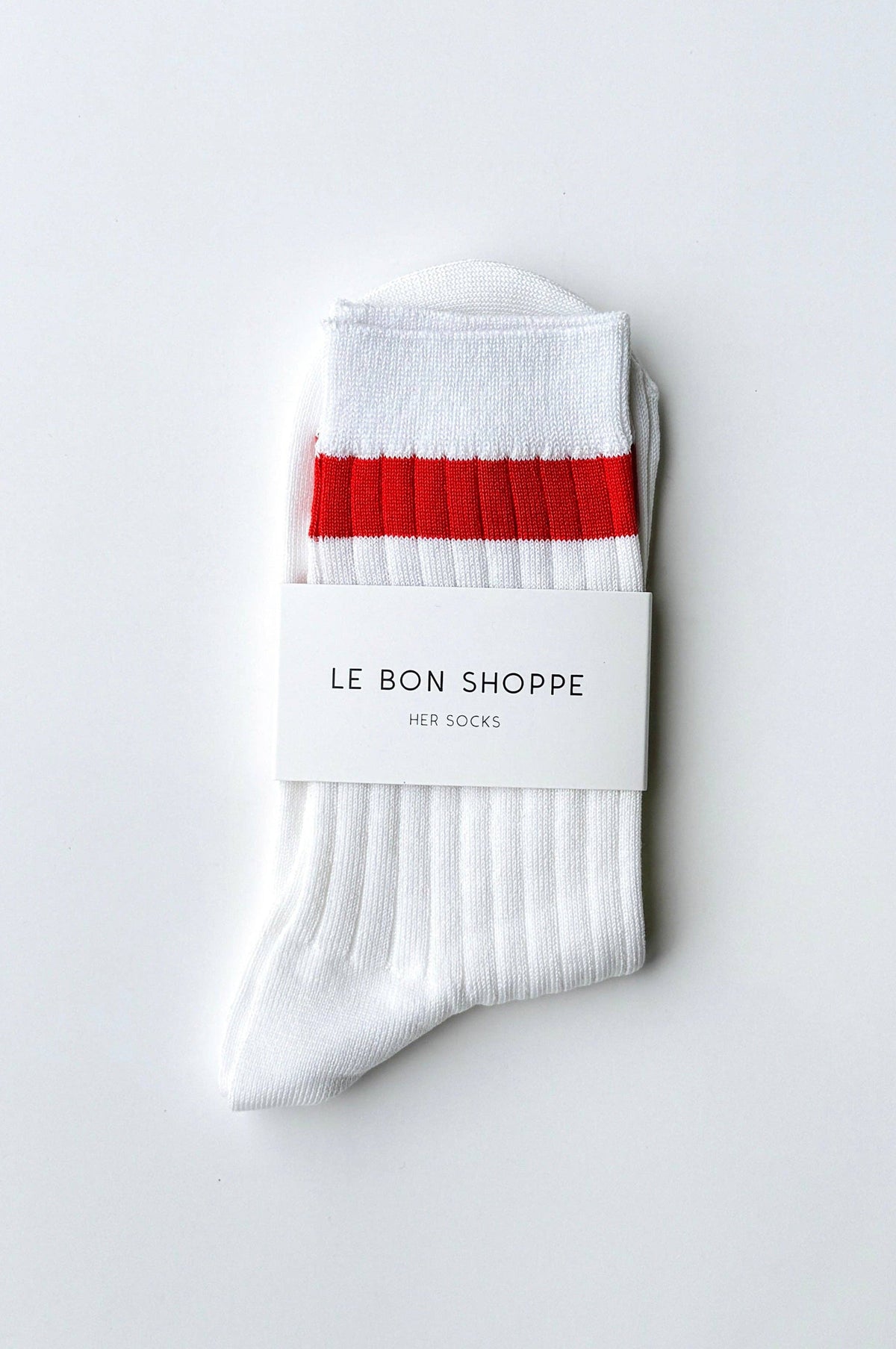 Le Bon Shoppe Her Varsity Socks in White/Coral, bold stripe crew sock in mercerized cotton