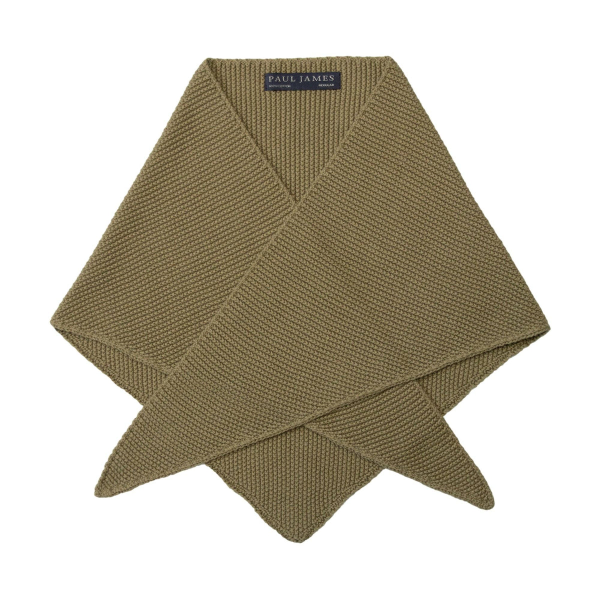 Paul James Knitwear - Cotton Textured Neckerchief- Light Olive — back view flat lay