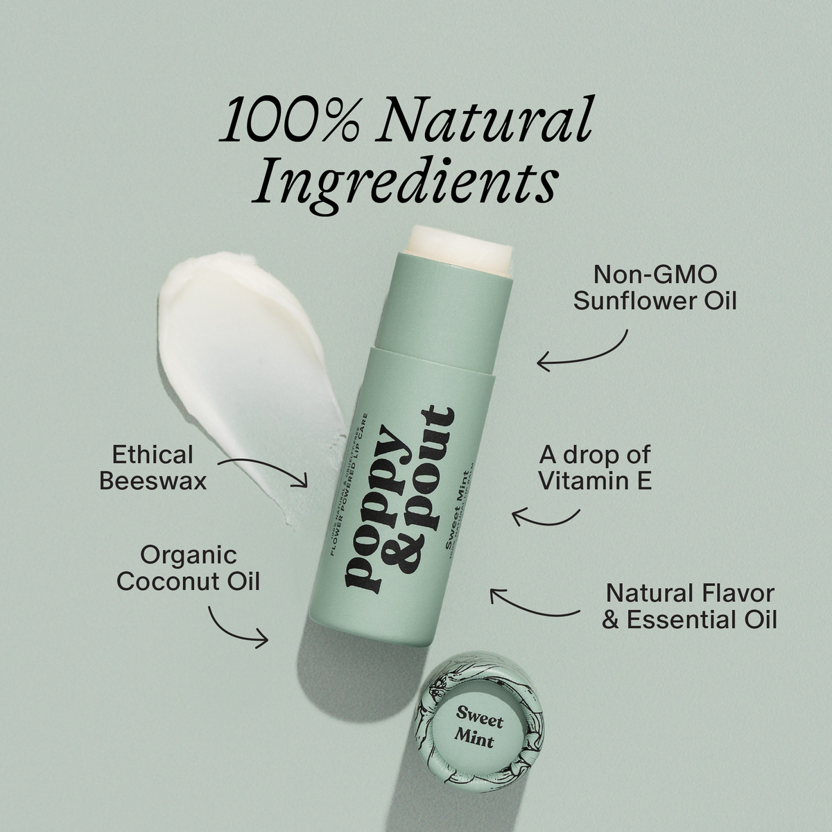 Poppy and Pout Sweet Mint lip balm - label detail close-up
